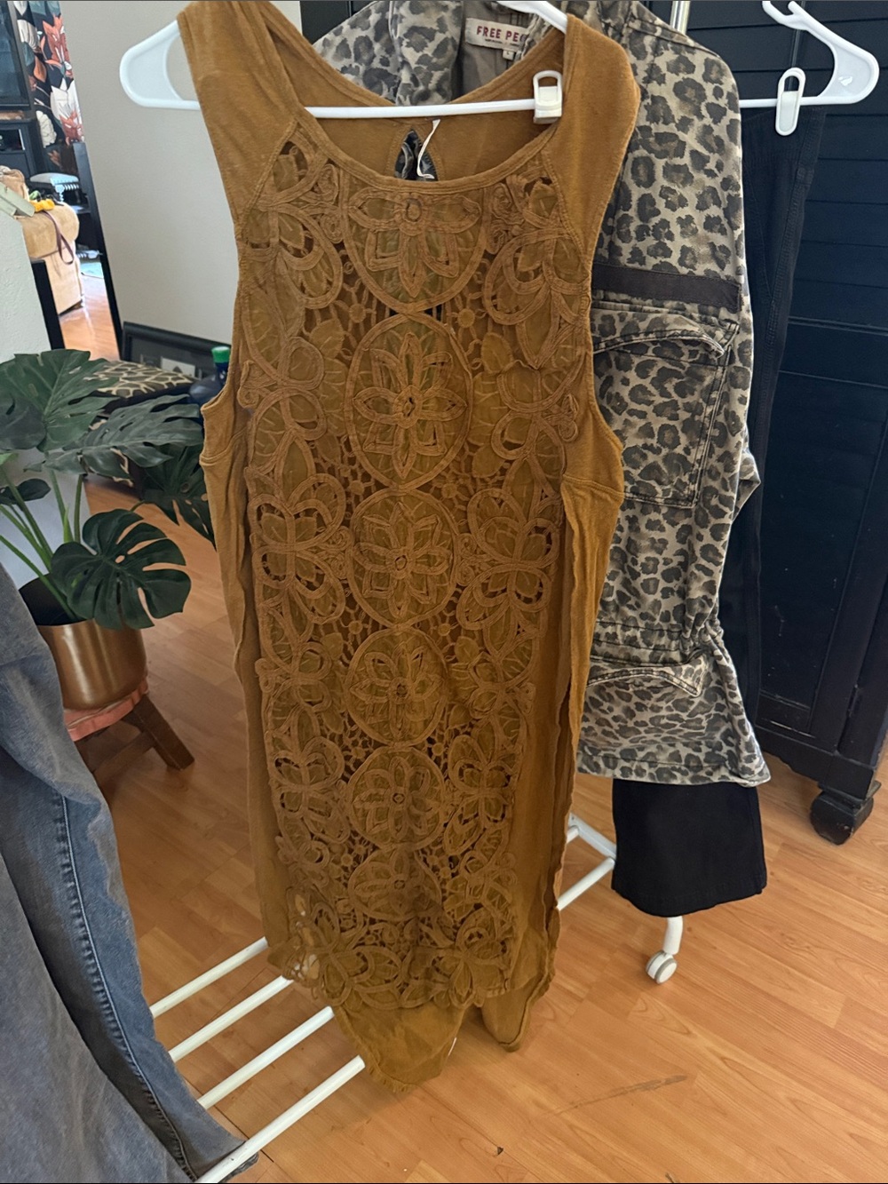 Free People Mustard Crochet Lace Tank Dress with Floral Medallion Pattern